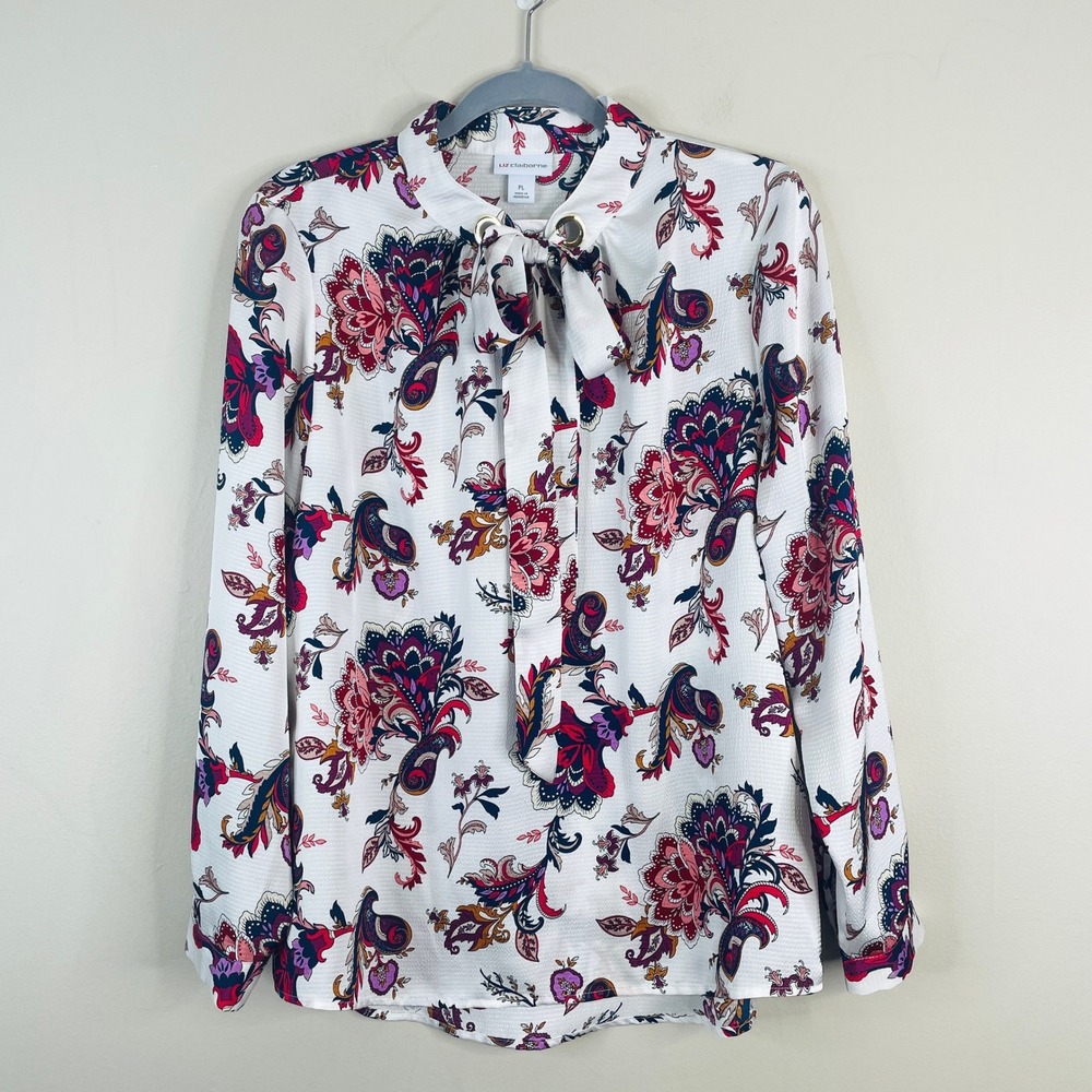 Vintage Bow Neck Balloon Sleeve Top Womens LP Floral Silky Satin Career Office